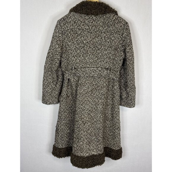 Vintage Marielle Fleury Wool Tweed Coat Faux Shearling Trim Belted Women 12 60s - Picture 5 of 9